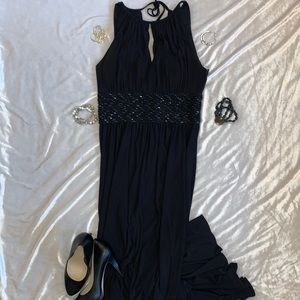 Black Halter Maxi Dress with Black Beaded Waist • Size 6